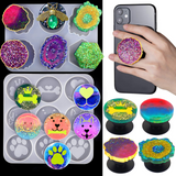 Phone Grip Mold Epoxy Resin On Top Kits, 15 Cavity Silicone Irregular Round Mount Holder Stand Molds with 10Pcs Phone Sockets for DIY Jewelry Making Supplies