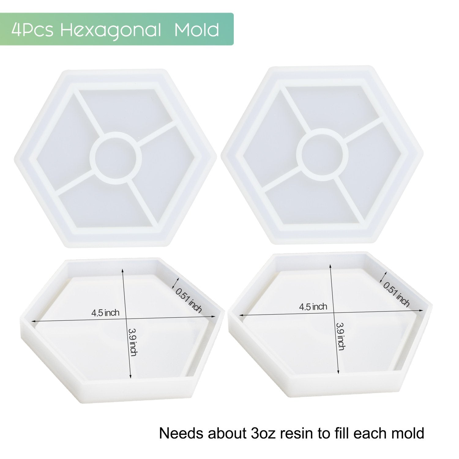 4 Pack Hexagon Silicone Coaster Molds Silicone Resin Mold, Clear Epoxy4080