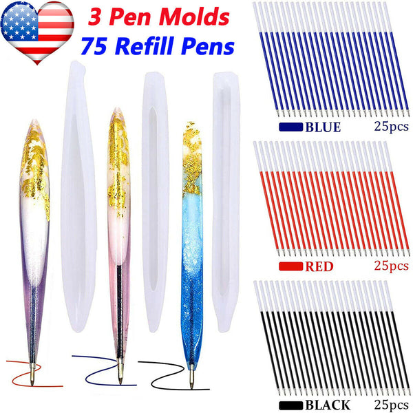 FineInno 3 Pieces Ballpoint Resin Mold Pen Shape Silicone Molds Cylinder  Epoxy Mold with 25 Pieces Ballpoint Refill Pens DIY Pen